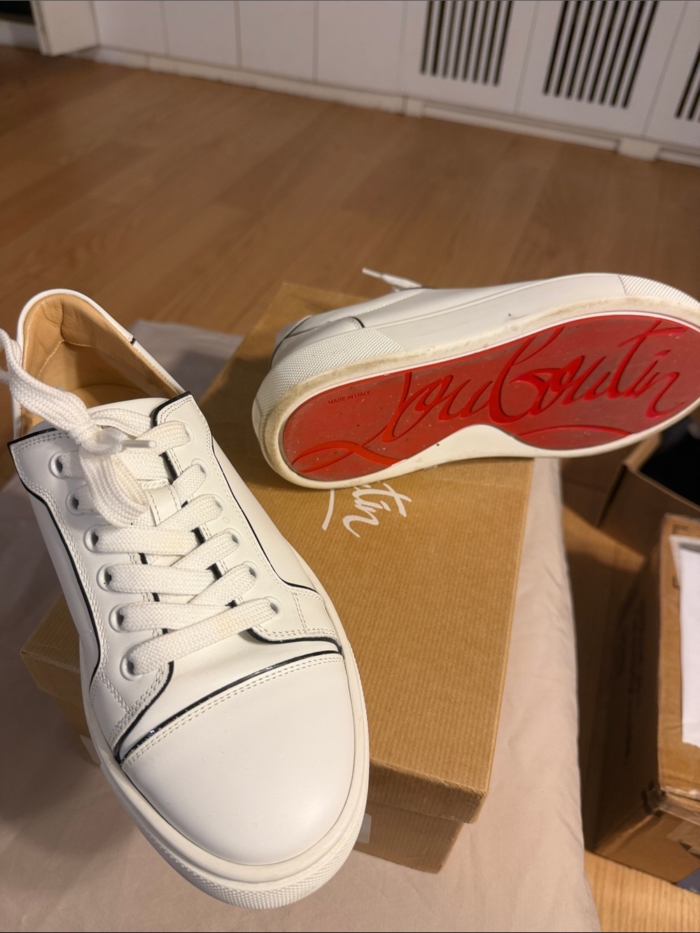 Christian Louboutin White Leather Low-Top Sneakers with Red Sole Accent